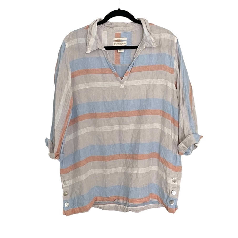 CYNTHIA ROWLEY Linen Striped Popover Tunic Blouse Collar XL